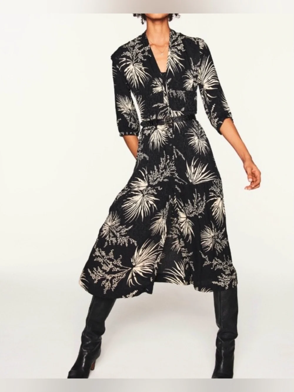 ba&sh Eleanor Robe Black and Cream Floral Button Midi Dress